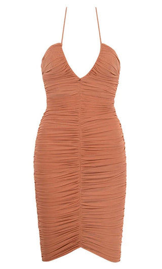 Gather Together Brown Sleeveless Spaghetti Strap Halter Backless Ruched V Neck Bodycon Mini Dress