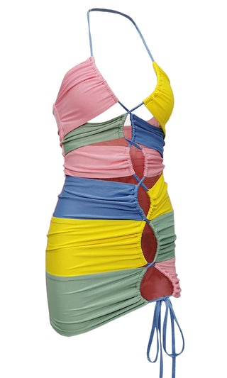 Bright Ideas <br><span>Multicolor Sleeveless Spaghetti Strap Halter Cut Out Patchwork Drawstring Bodycon Mini Dress</span>