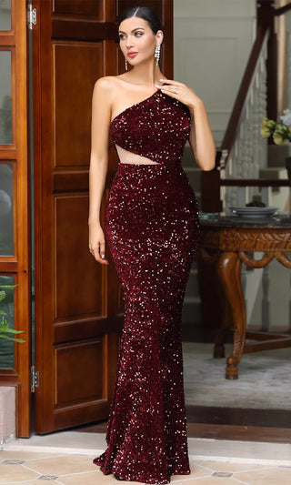 Run This Town<br><span> Burgundy Sequin Sleeveless One Shoulder Cut Out Side Maxi Dress</span>