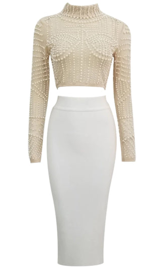 Watch What I Do Beige White Long Sleeve Beaded Mock Neck Crop Top High Waist Bodycon Bandage Midi Two Piece Dress