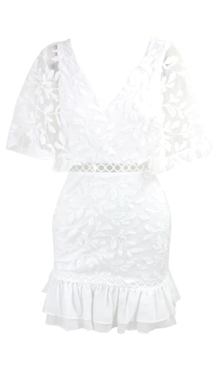 Spread The Love White Sheer Mesh Lace Elbow Sleeve Ruffle V Neck Cut Out Bodycon Mini Dress