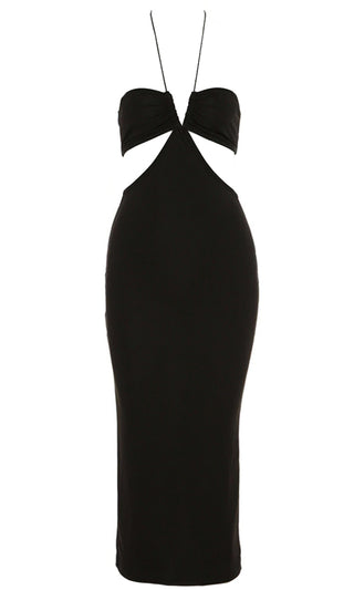 Ethereal Elegance <br><span>Black Sleeveless Spaghetti Strap Halter Cut Out Backless Bodycon Midi Dress</span>