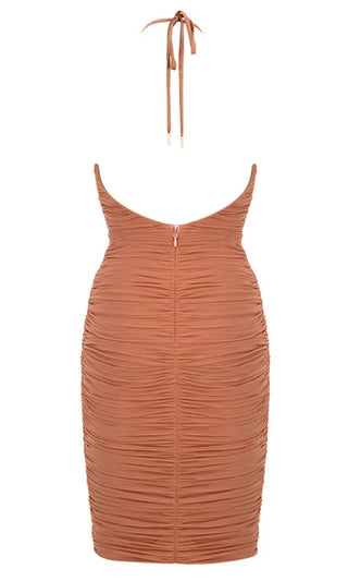 Gather Together Brown Sleeveless Spaghetti Strap Halter Backless Ruched V Neck Bodycon Mini Dress
