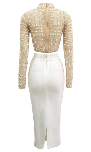 Watch What I Do Beige White Long Sleeve Beaded Mock Neck Crop Top High Waist Bodycon Bandage Midi Two Piece Dress