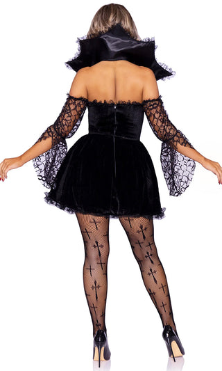 Vampire Queen<br><span> Black Red Sheer Mesh Lace Long Sleeve Off The Shoulder Flare Mini Dress Two Piece Halloween Costume Set</span>