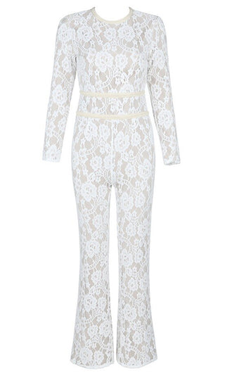 One To Watch <br><span>White Sheer Mesh Lace Floral Pattern Long Sleeve Round Neck Flare Leg Bodycon Jumpsuit</span>