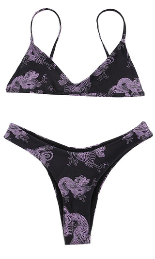 Sultry Summer <br><span> Black Dragon Pattern Spaghetti Strap Bra Top Long Sleeve Net Crop Top Bikini Bottom Three Piece Swimsuit Set </span>