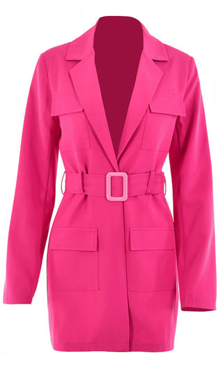 Safari Party <br><span>Fuchsia Hot Pink Pocket V Neck Long Sleeve Lapel Collar Belted Mini Blazer Dress</span>