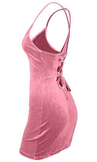 Hot Stuff Pink Velvet Sleeveless Spaghetti Strap Plunge V Neck Lace Up Back Bodycon Mini Dress