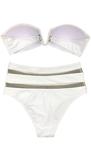Sheer Honesty <br><span> Strapless Bandeau V Neck High Waist Sheer Mesh Stripe Two Piece Bikini Swimsuit </span>