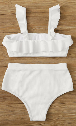 Secret Hiding Place <br><span> White Ribbed Sleeveless Ruffle Bra Top High Waist Bikini Two Piece Swimsuit </span>