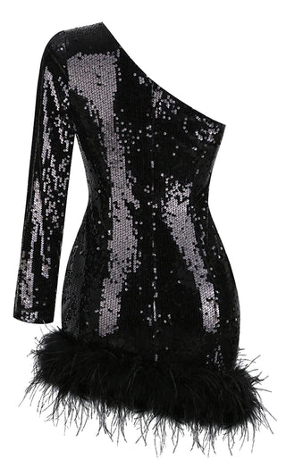 Flaunting It <br><span>Black Sequin Feather Long Sleeve One Shoulder Asymmetrical Bodycon Mini Dress</span>