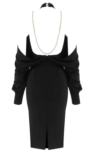 Another Idea Black Long Sleeve Cold Shoulder Cut Out Mock Neck Draped Pearl Backless Bodycon Midi Dress
