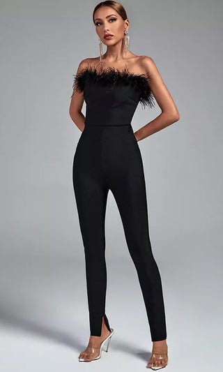 Body And Soul <br><span>Black Feather Strapless Straight Neck Bandage Bodycon Skinny Jumpsuit</span>