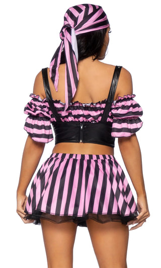 Pirate Booty <br><span>Pink Black Stripe Pattern Short Puff Sleeve Off The Shoulder Corset Crop Top Flare Mini Skirt Five Piece Halloween Costume Set</span>