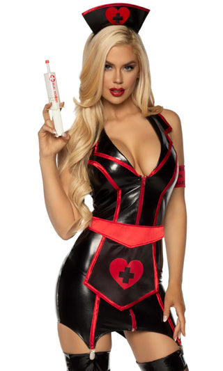 Night Nurse <br><span>Black Red Faux Leather Sleeveless Plunge Zip Front Garter Bodycon Mini Dress 4 Piece Halloween Costume</span>