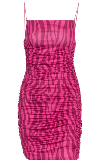 Going Wild <br><span>Zebra Stripe Print Pattern Hot Pink Fuchsia Ruched Bodycon Square Neck Spaghetti Strap Sleeveless Mini Bodycon Dress - Inspired by Kendall Jenner</span>