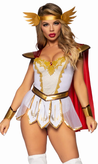 Mighty And Powerful <br><span>White Gold Red Sleeveless Plunge V Neck Bodysuit Cape Sheer Mesh Skirt Four Piece Halloween Costume Set</span>