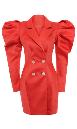In The Spotlight Red Satin Puff Long Sleeve Shoulder Double V Neck Blazer Breasted Bodycon Mini Dress