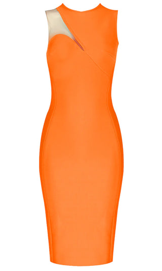 Posh Life Orange Bandage Sheer Mesh Cut Out Shoulder Sleeveless Round Neck Midi Bodycon Dress