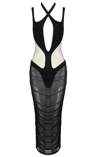 In Excess <br><span> Black Sleeveless Cut Out Plunge Open Side Sheer Mesh Bandage Bodycon Midi Dress</span>