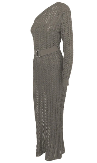 Sheer Elegance Gray Hollow Crochet Chevron Knit Long Sleeve One Shoulder High Slit Maxi Casual Dress