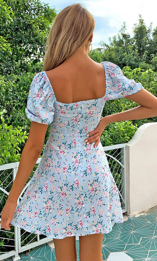 Never Cheat Blue Pink Floral Pattern Short Puff Sleeve Sweetheart Neck Flare A Line Casual Mini Dress