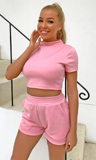 At My Place Short Sleeve Round Neck Crop Top Elastic Waist Short Two Piece Romper Set - 3 Colors Available