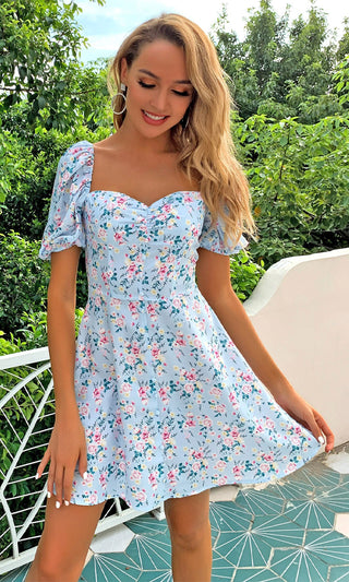 Never Cheat Blue Pink Floral Pattern Short Puff Sleeve Sweetheart Neck Flare A Line Casual Mini Dress