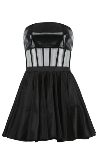 Hit The Stage Black PU Faux Leather Strapless Sheer Mesh Bustier Flare A Line Mini Dress