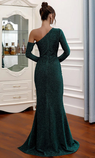 Because I Can <bR><span>Emerald Green Shimmer Glitter Thread Long Sleeve One Shoulder Cut Out Side Slit Bodycon Maxi Dress</span>