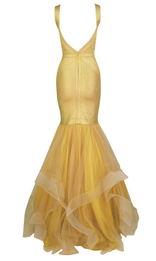 Grand Entrance <br><span>Gold Sleeveless V Neck Mesh Ruffle Mermaid Bandage Bodycon Maxi Dress</span>