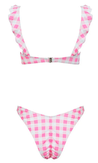 Malibu Barbie <br><span> Pink White Gingham Plaid Pattern Sleeveless Ruffle Tie Front Brazilian Two Piece Bikini Swimsuit</span>