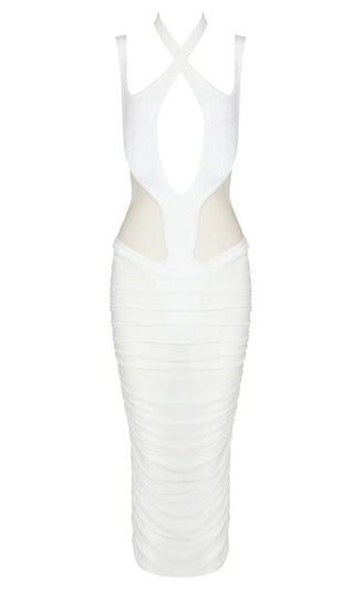 In Excess <br><span> White Sleeveless Cut Out Plunge Open Side Sheer Mesh Bandage Bodycon Midi Dress</span>