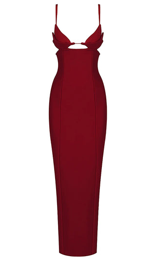 On The Rise<br><span> Red Sleeveless Spaghetti Strap V Neck Cut Out High Waist Side Slit Backless Bandage Bodycon Maxi Dress</span>