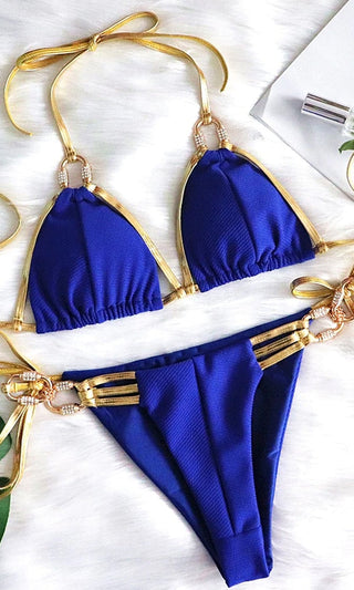 Beach Frenzy <br><span>  Blue Triangle Rhinestone Metallic Cut Out Top Brazilian Bikini Two Piece Swimsuit</span>