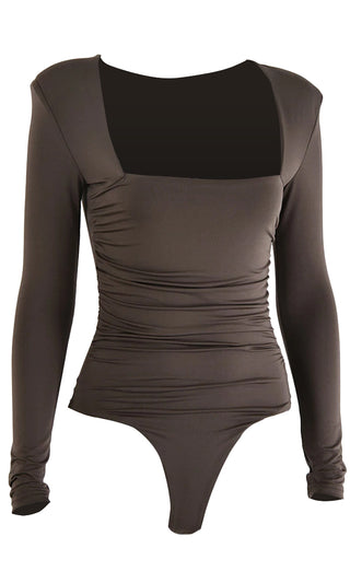 Watch Over Me Long Sleeve Square Neck Shoulder Pad Thong Bodysuit Top