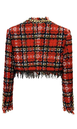 You Might Think Red Plaid Pattern Tweed Fringe Gold Chain Long Sleeve Crop Blazer Jacket Outerwear