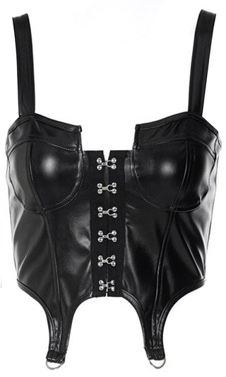 Dominate The Conversation PU Faux Leather Sleeveless Hook And Eye Bustier Crop Top Elastic Waist Skinny Pant Two Piece Jumpsuit