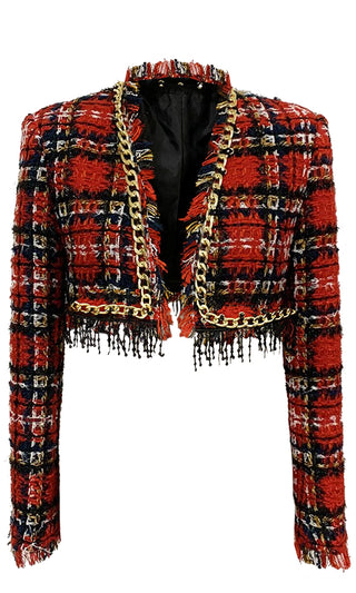 You Might Think Red Plaid Pattern Tweed Fringe Gold Chain Long Sleeve Crop Blazer Jacket Outerwear