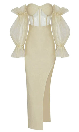Touch Of Fantasy White Sheer Mesh Bandage Long Puff Sleeve Off The Shoulder Bustier Cut Out Side Slit Bodycon Maxi Dress