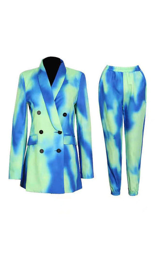 Bold Statement <br><span>Green Tie Dye Pattern Long Sleeve Double Breasted Blazer Jacket Elastic Waist Pant Two Piece Jumpsuit Set</span>