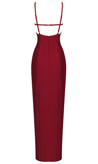 On The Rise<br><span> Red Sleeveless Spaghetti Strap V Neck Cut Out High Waist Side Slit Backless Bandage Bodycon Maxi Dress</span>