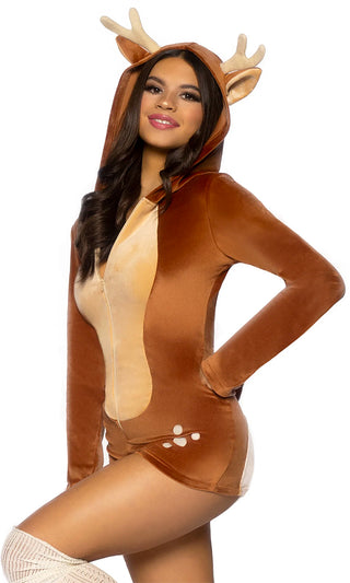 Deer Hunting <br><span>Brown Velvet Long Sleeve Zip Front Antler Ear Hood Bodycon Romper Halloween Costume</span>