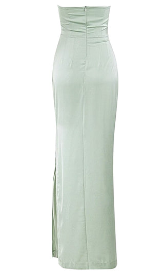 In The Mist<br><span> Sage Green Satin Strapless Draped Side Slit Maxi Dress</span>