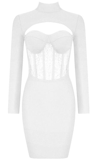 Intoxicating Love White Bustier Sheer Mesh Lace Cut Out Long Sleeve Mock Neck Bandage Bodycon Mini Dress