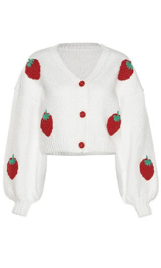 Strawberry Sweet <span<br> White Fruit Pattern Long Lantern Sleeve V Neck Button Cardigan Sweater</span