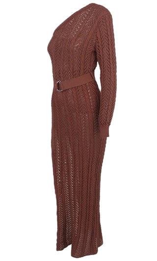 Sheer Elegance Rust Orange Hollow Crochet Chevron Knit Long Sleeve One Shoulder High Slit Maxi Casual Dress