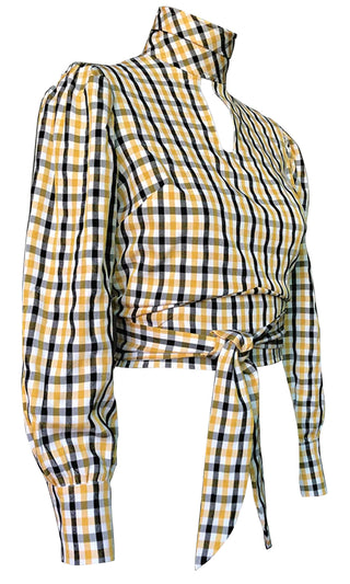 Back Splash Yellow Plaid Pattern Long Sleeve Turtleneck Cut Out Keyhole Tie Waist Backless Blouse Top