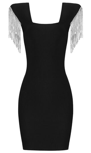 Keep Wishing <br><span>Black Rhinestone Crystal Fringe Short Sleeve Square Neckline Bandage Bodycon Mini Dress</span>